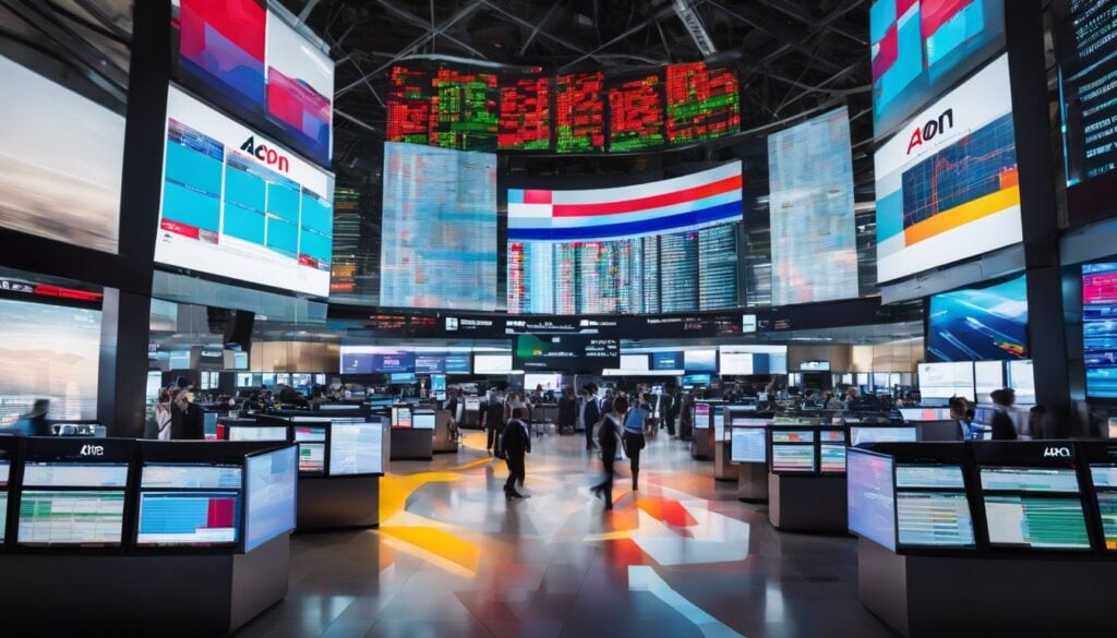 Een abstracte mix van wereldwijde financi&euml;le marktindexen met het Aon-logo prominent weergegeven op de voorgrond, tegen de achtergrond van een drukke beursvloer met digitale schermen die real-time marktgegevens weergeven in een levendige stadsgezicht.