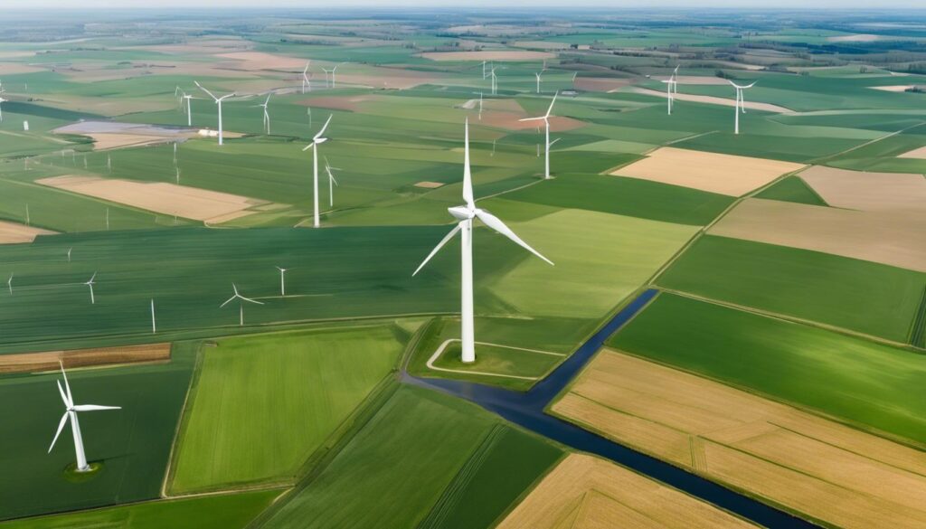 Een luchtfoto van een windmolenpark in het Nederlandse platteland op een bewolkte dag.