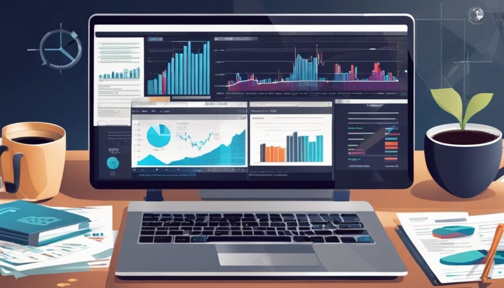 Een rommelig kantoor met financiële rapporten, aandelenkoersen en een laptop.