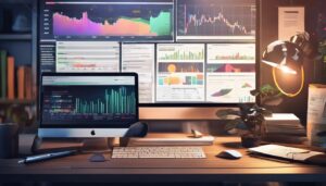 Een rommelig thuiskantoor met financi&euml;le informatie en een laptop met aandelenkoersen.