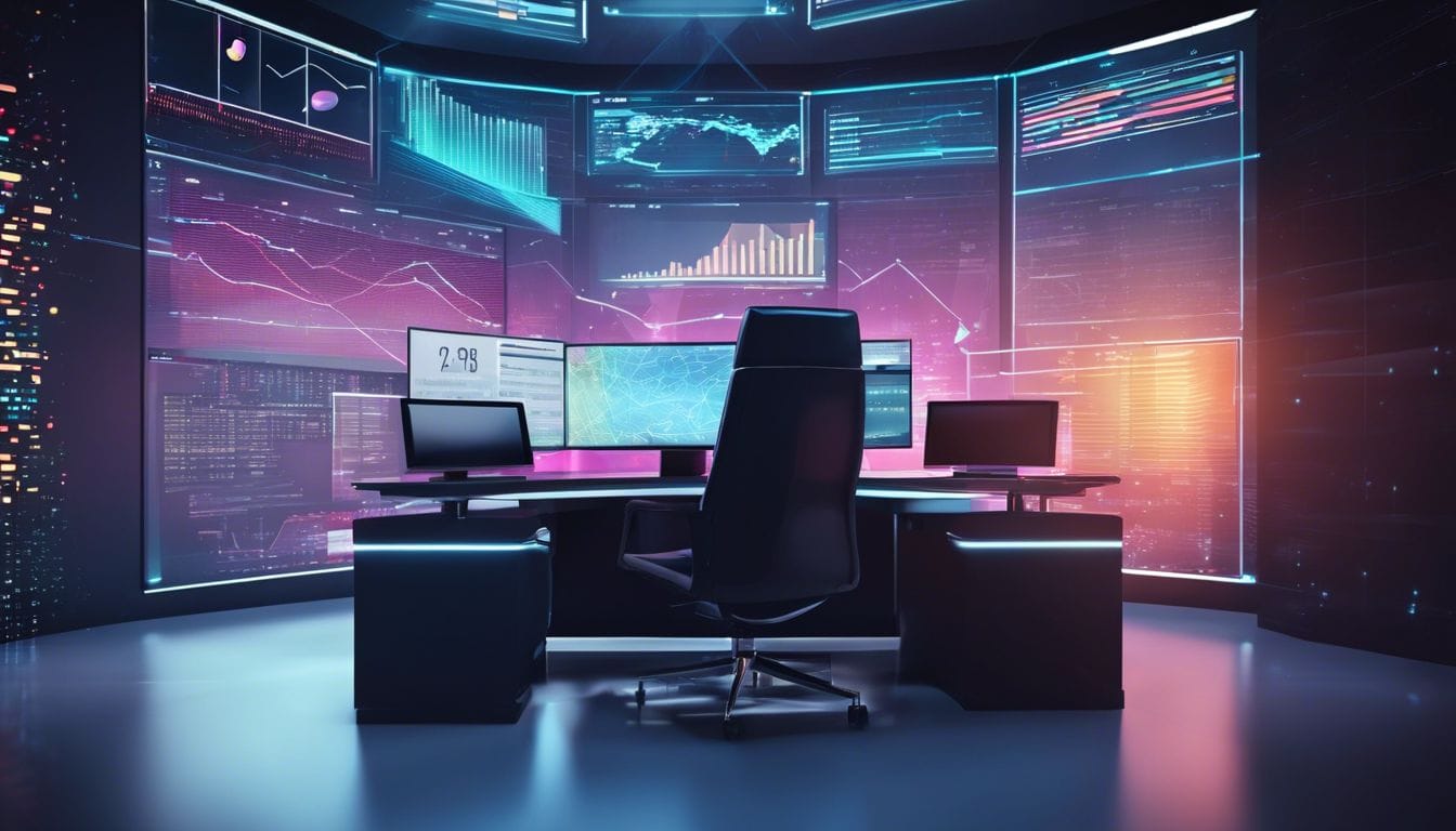 Een futuristisch kantoor met geavanceerde technologie en holografische grafieken van CGI-aandelenprijzen op een digitaal display.