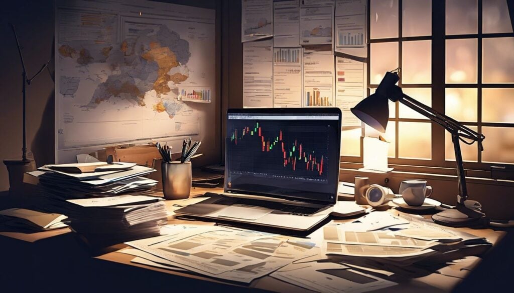 Een rommelig kantoor met een open laptop toont Colruyt's aandeleninformatie.