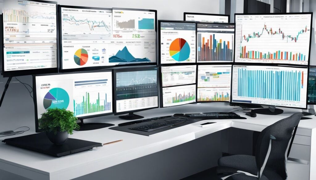 Een computerscherm toont real-time aandelengegevens met financiële kranten en koffie.