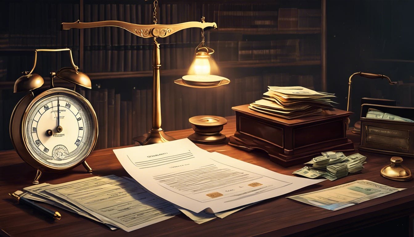 Een ouderwetse weegschaal en financiële documenten creëren een sfeer van introspectie over de intrinsieke waarde van investeringen. Een ouderwetse weegschaal en financiële documenten creëren een sfeer van introspectie over de intrinsieke waarde van investeringen.