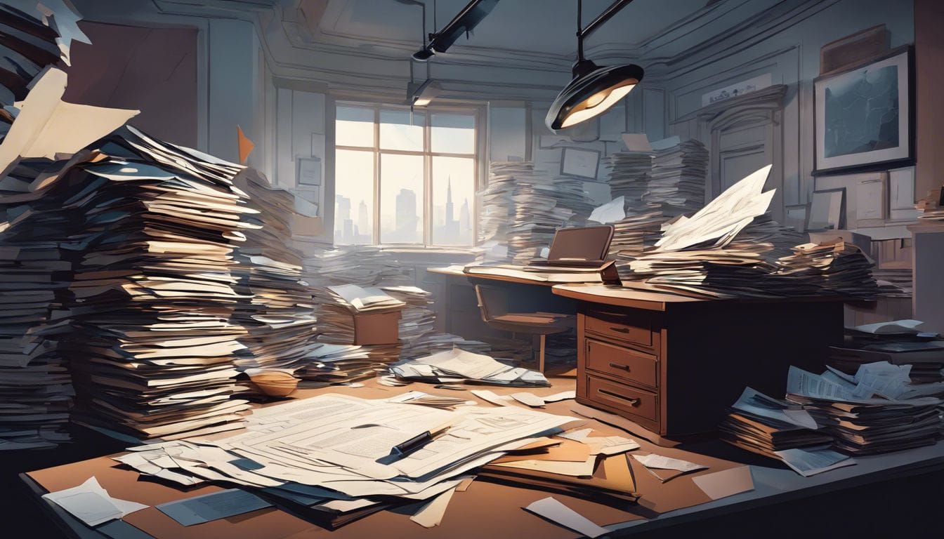 Een rommelig bureau met stapels papieren en financi&euml;le rapporten, symboliseert Seadrill's financi&euml;le prestaties in een uitdagende omgeving.