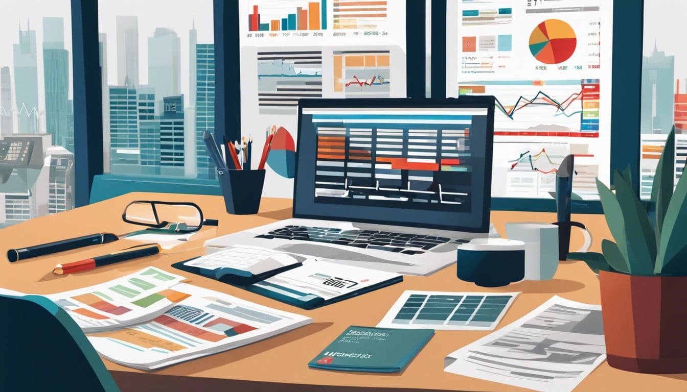 Een rommelig bureau met financi&euml;le kranten, beursgrafieken en een rekenmachine.