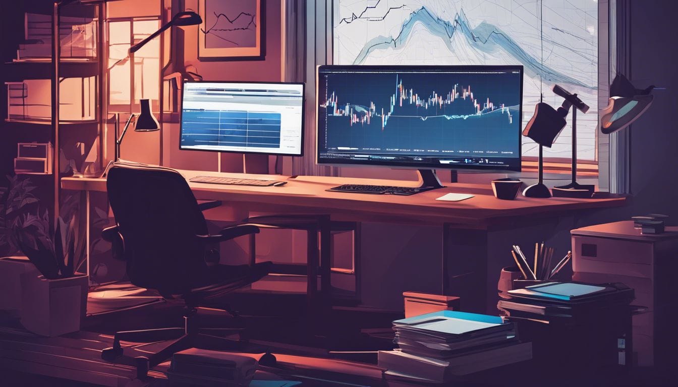 Een rommelig thuiskantoor met investeringsstress en chaotische documenten. Een rommelig thuiskantoor met investeringsstress en chaotische documenten.