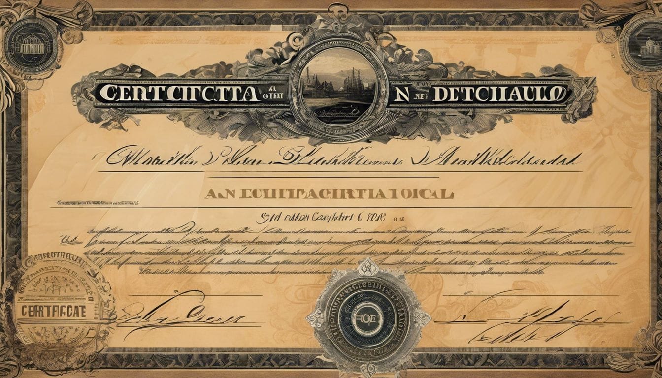 Een oude, verweerde aandeelcertificaat op een stoffig houten bureau.