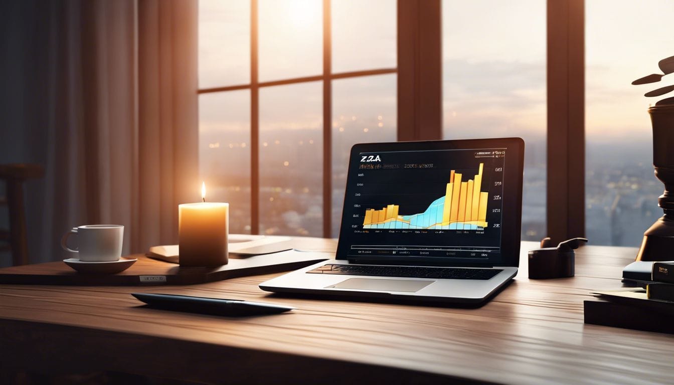 Een kaarsgrafiek toont de waarde van Zara's aandelen op een houten bureau met een laptop en financieel nieuws.