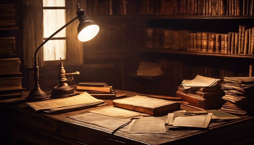 Een oude houten bureau met verouderde financi&euml;le documenten en boeken.