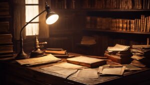 Een oude houten bureau met verouderde financi&euml;le documenten en boeken.