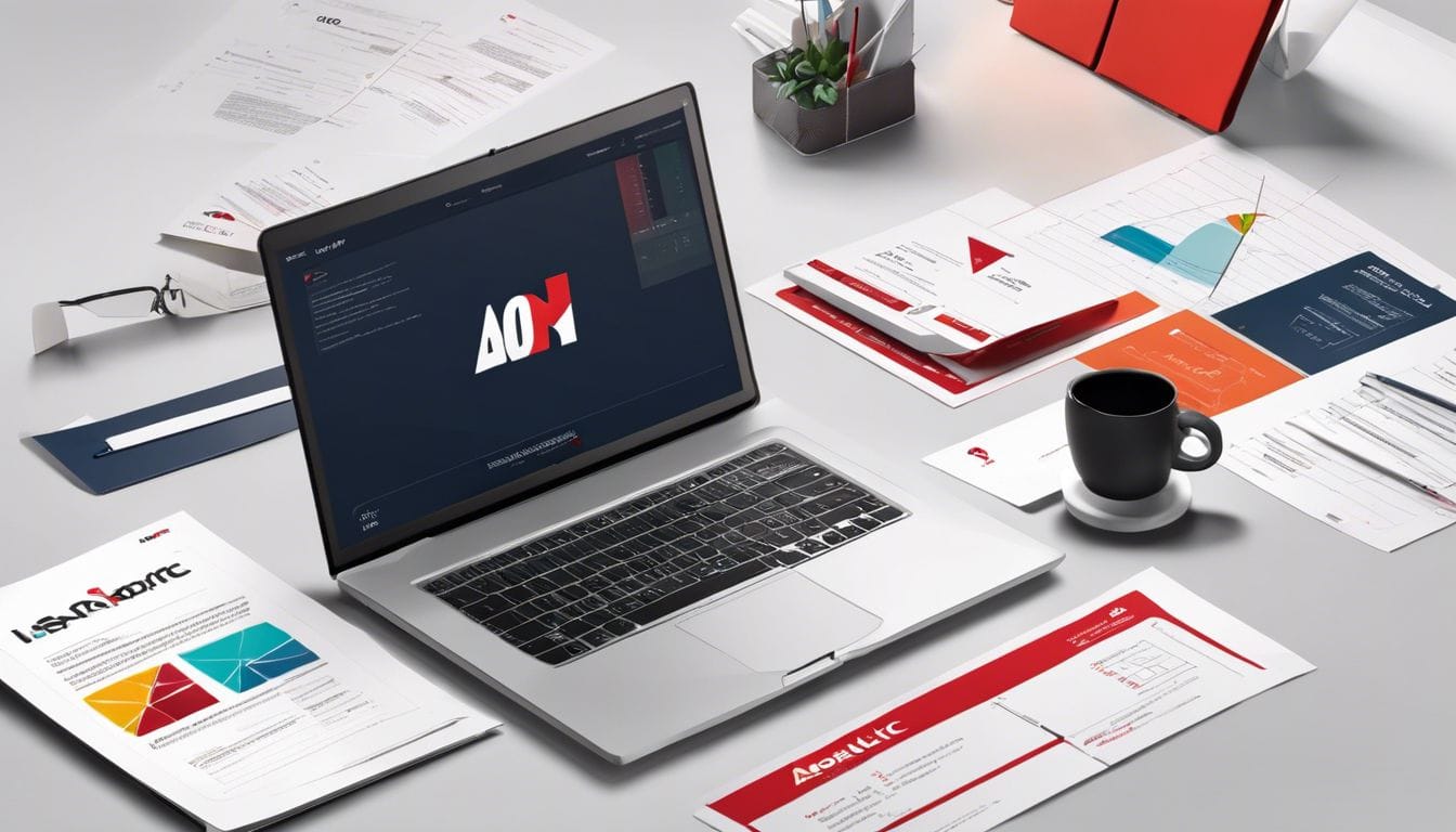 Een kantoorwerkplek met Aon plc logo, verzekering documenten en grafieken.