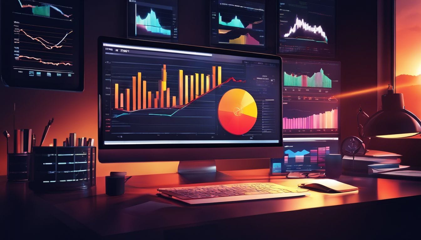 Een bureau gevuld met financiële rapporten en een laptop toont aandelenmarktgegevens. Een bureau gevuld met financiële rapporten en een laptop toont aandelenmarktgegevens.