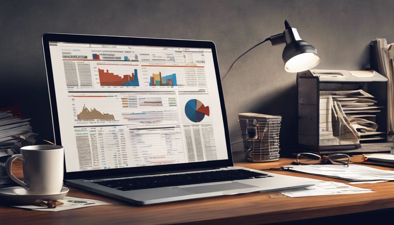 Een rommelig bureau met financi&euml;le kranten, aandelenkoersen en een laptop.