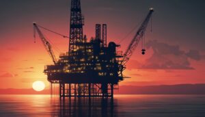 Een donkere en stemmige afbeelding van een boorplatform op zee bij zonsondergang.