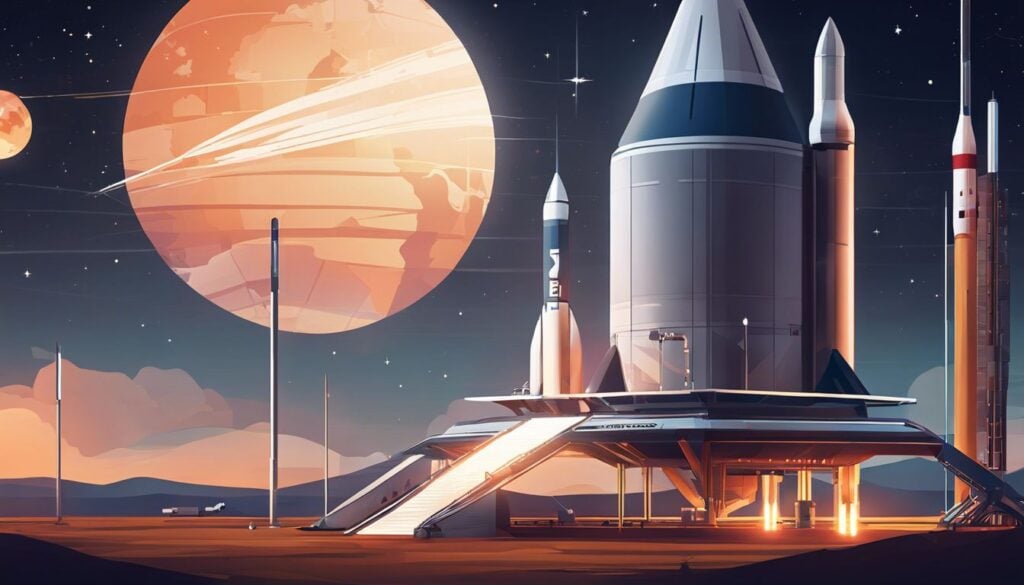 Een futuristische ruimte lanceerfaciliteit met meerdere raketten onder de sterren.