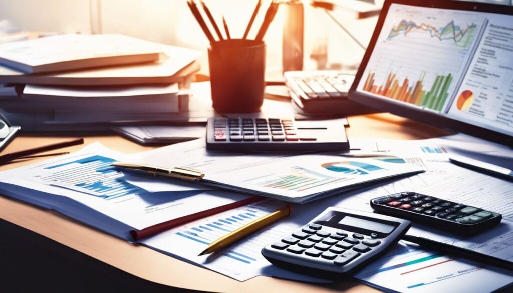 Een stapel financiële rapporten en grafieken op een rommelig bureau.