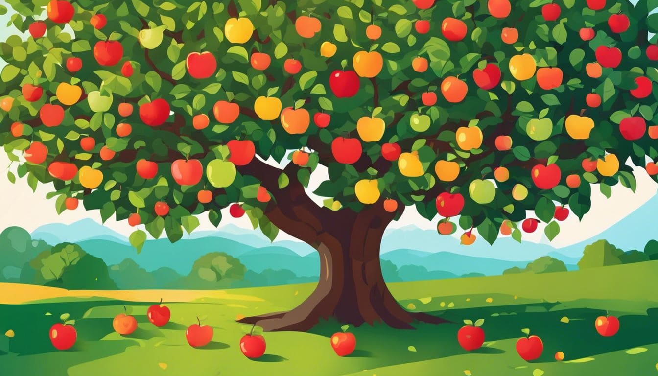 Een appelboom met rijpe, sappige vruchten in een levendige boomgaard. Een appelboom met rijpe, sappige vruchten in een levendige boomgaard.