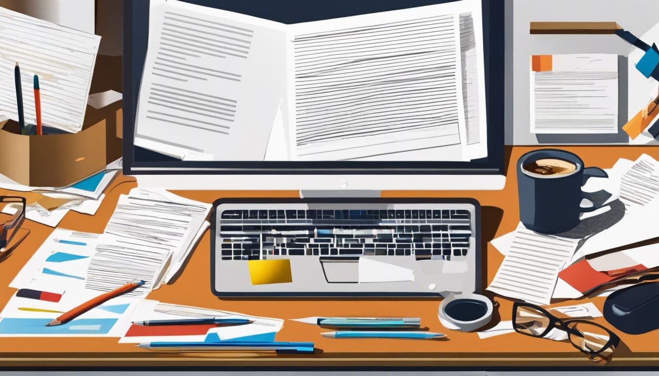 Een rommelig kantoorbureau met documenten over aandelenbeheer en benodigdheden.