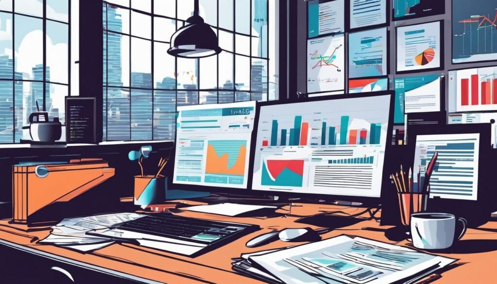 Een rommelig kantoor met financiële documenten, een computer en koffie.