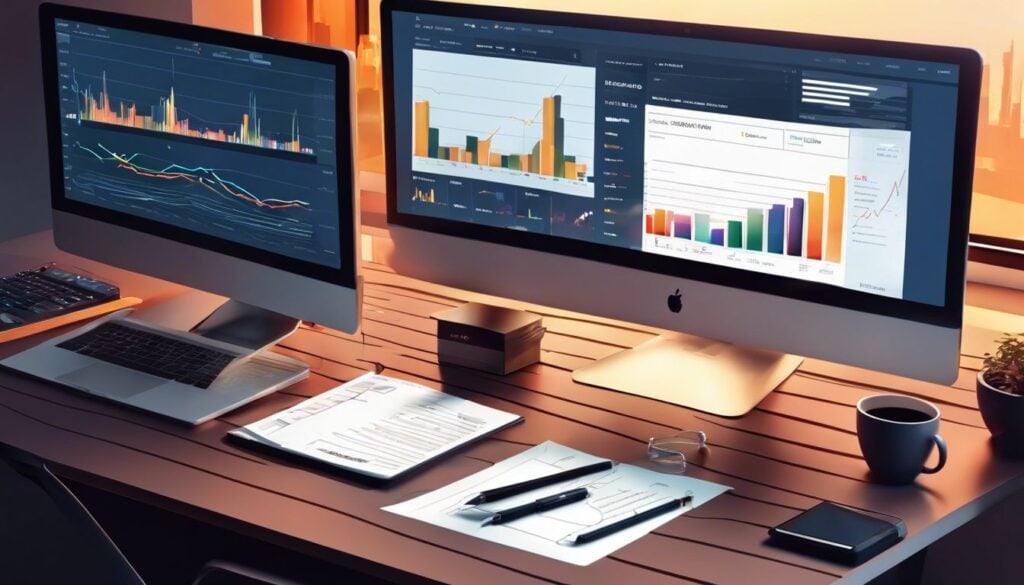 Een rustig bureau met financiële verslagen en aandelen grafieken.