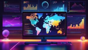 Moderne kantooromgeving met abstracte digitale financiële gegevensvisualisaties op het computerscherm.