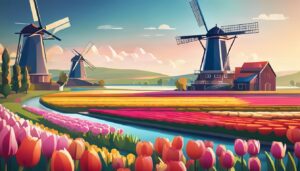 Een futuristisch laboratorium groeit vlees in een Nederlandse landschap.