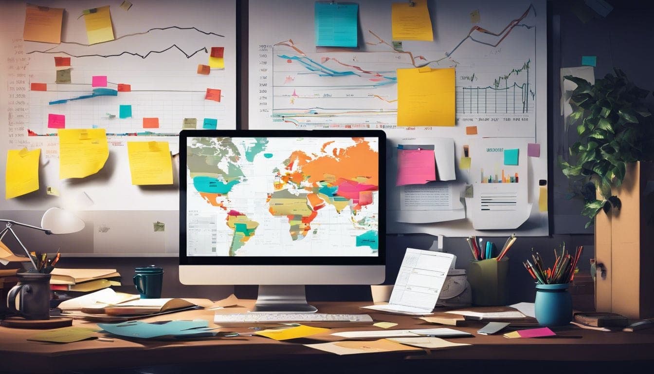 Een rommelig bureau met verspreide financiële rapporten en een laptop met aandelenkoersen. Een rommelig bureau met verspreide financiële rapporten en een laptop met aandelenkoersen.