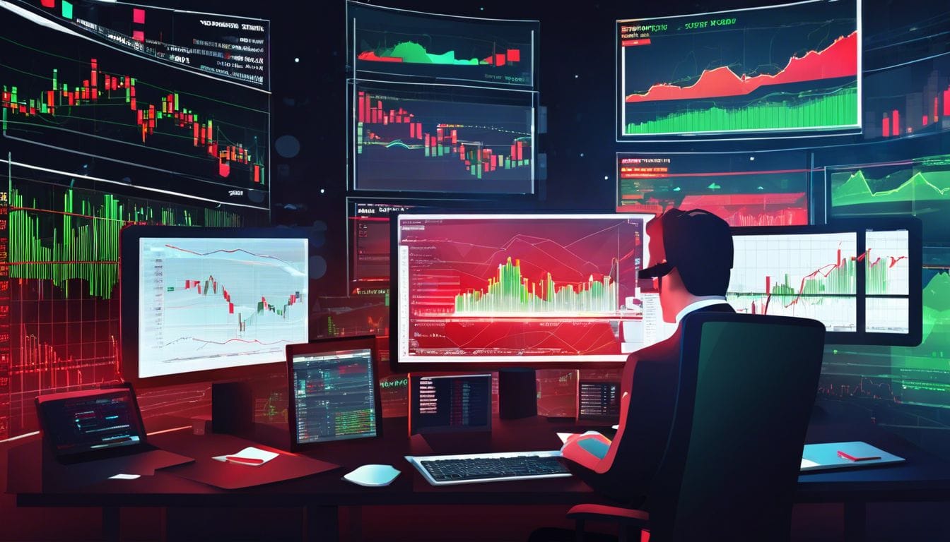 Een donkere kamer met meerdere computerschermen toont fluctuerende aandelenkoersen en financiële grafieken. Een donkere kamer met meerdere computerschermen toont fluctuerende aandelenkoersen en financiële grafieken.