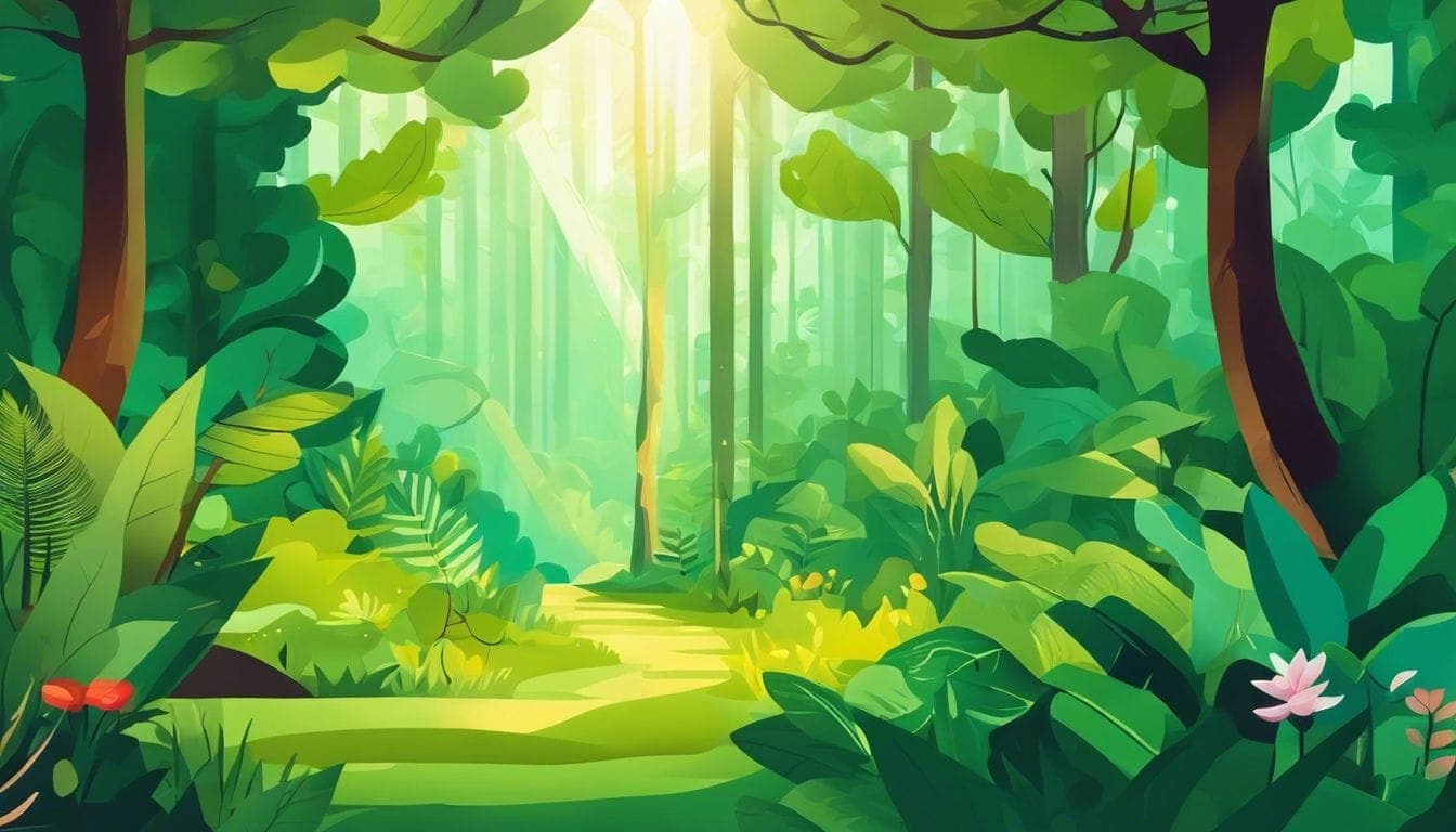 Een levendig groen bos met diverse planten en dieren in evenwicht. Een levendig groen bos met diverse planten en dieren in evenwicht.