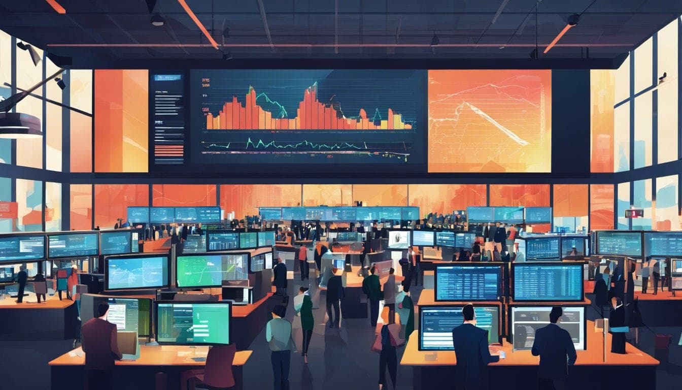 Een drukke beursvloer tijdens een beursgang, met digitale schermen en handelaren. Een drukke beursvloer tijdens een beursgang, met digitale schermen en handelaren.