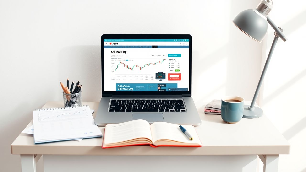 Een rommelig bureau met laptop voor zelfbeleggingen en aantekeningen.