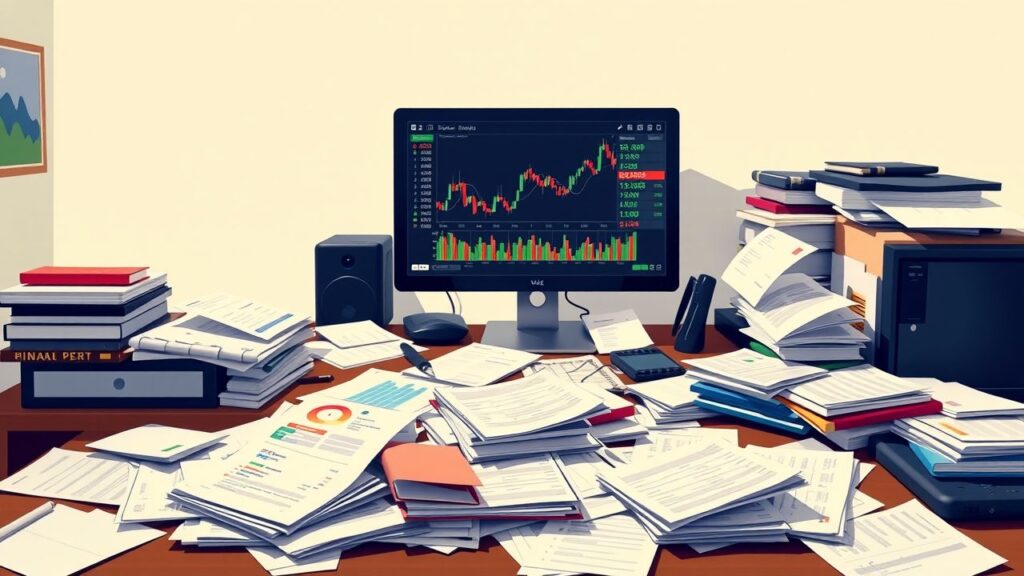 Een rommelig kantoor met financiële documenten en een druk computerscherm.