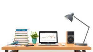 Een gezellig thuiskantoor met financiële investeringsboeken, laptop en plant.