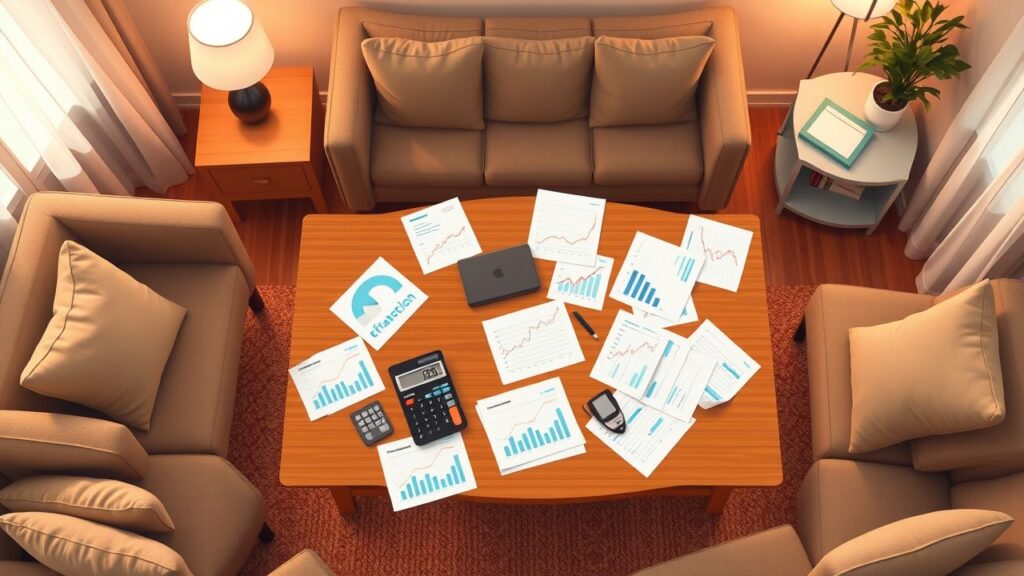 Een gezellige woonkamer met financiële grafieken en calculators op tafel.