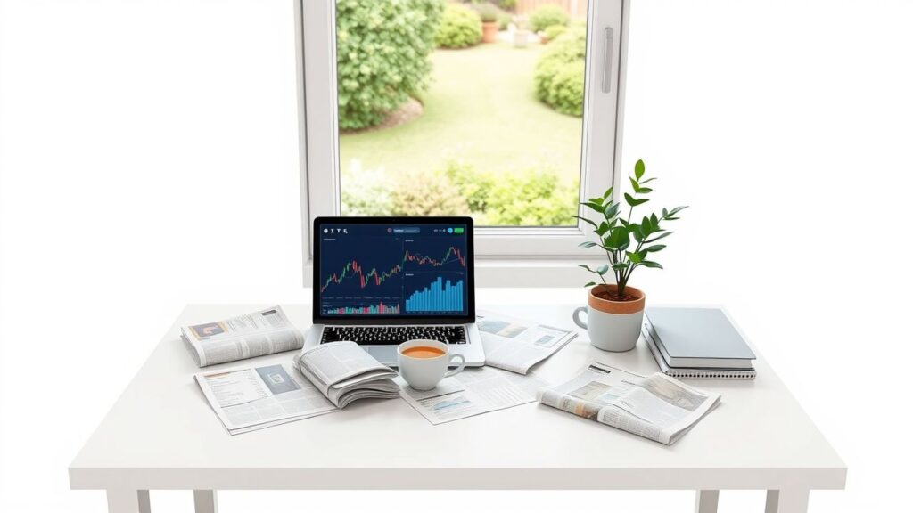 Een opgeruimd thuiskantoor met financiële kranten, laptop en koffie.