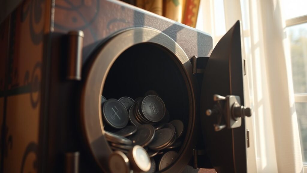 Een antieke kluis gevuld met glanzende zilveren munten, verlicht door zonlicht.