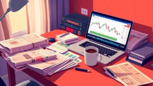 Een rommelig thuiskantoor met financiële kranten, een laptop en koffie.