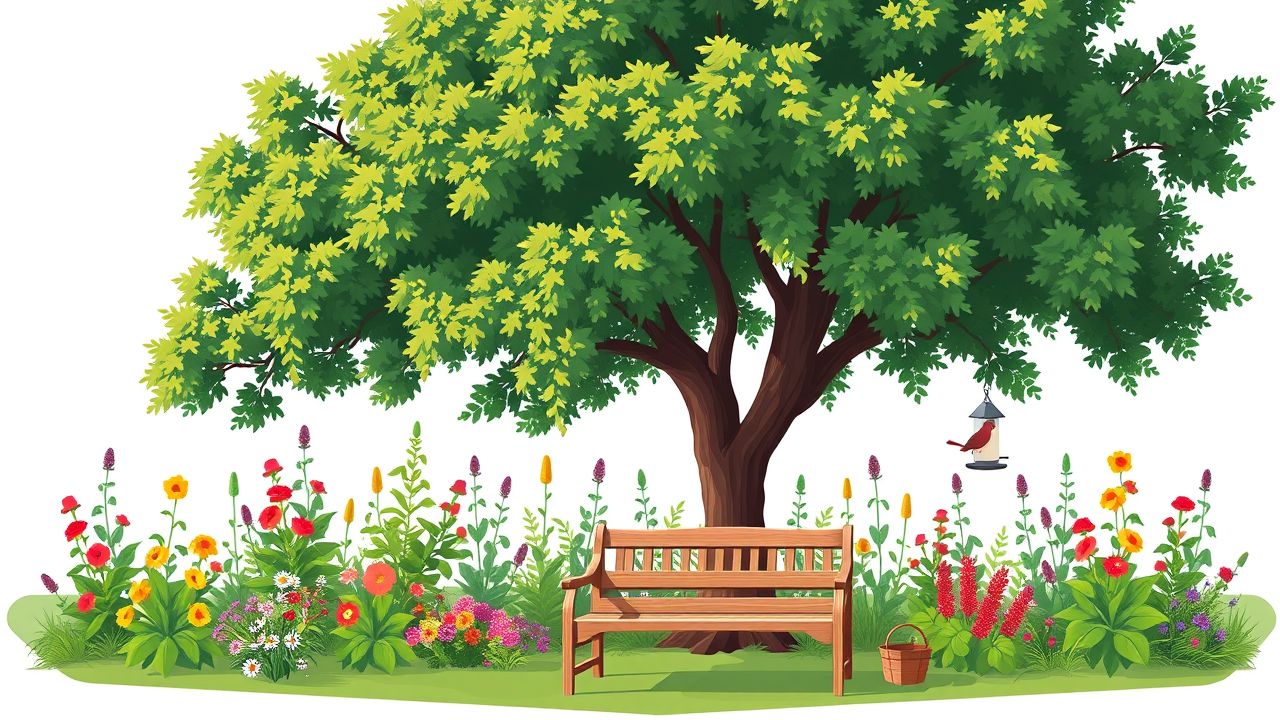 Een serene tuin met bloeiende bloemen en een bankje.