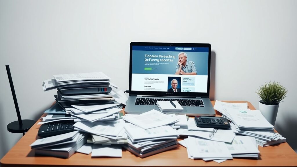 Een rommelig thuiskantoor met papieren, laptop en financiële documenten.