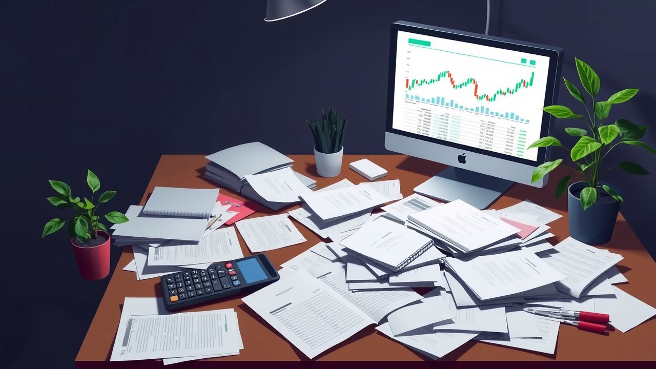 Een rommelig bureau met financiële documenten, computer en calculator. Een rommelig bureau met financiële documenten, computer en calculator.