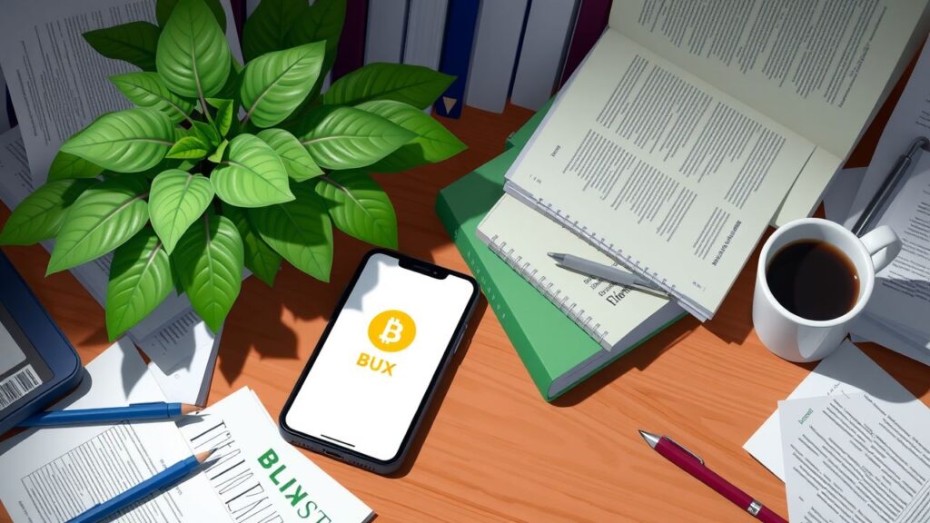 Een rommelig bureau met investeringsboeken en een smartphone met Bux app.