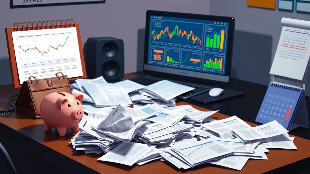 Een rommelig bureau met financi&euml;le documenten, investeringsgrafieken en een spaarvarken.