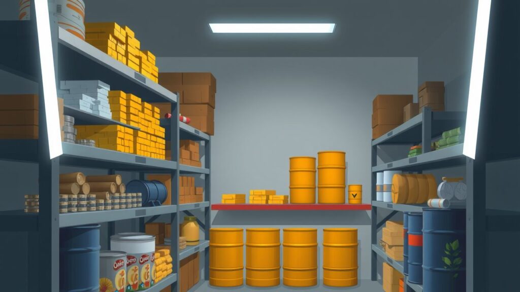 Een magazijn met verschillende voorraden, waaronder goudstaven en olievaten.