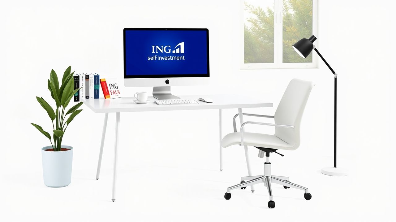 Een moderne thuiskantoor setup met computer, financi&euml;le boeken en koffie.