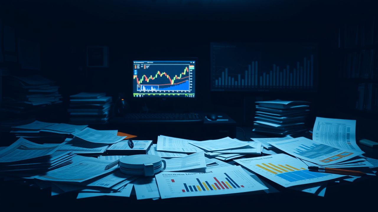 Een rommelig kantoor met financi&euml;le rapporten, grafieken en computer.