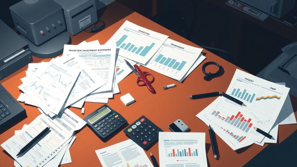 Een rommelig kantoor met financiële documenten en een calculator.