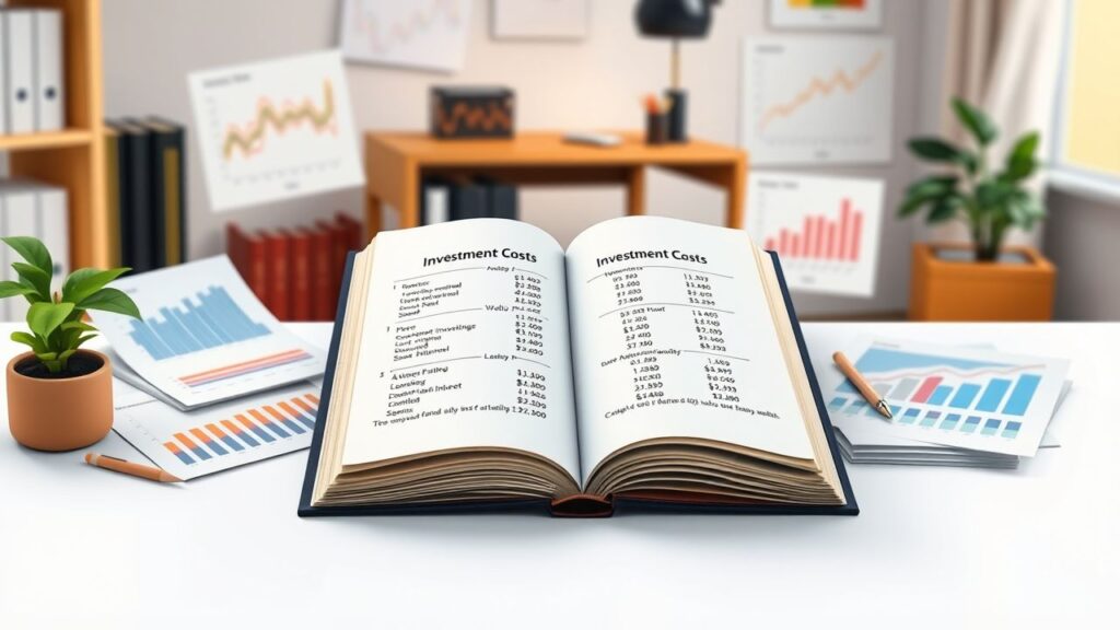 Een open boek met investeringskosten omringd door financiële grafieken.