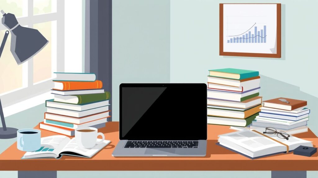 Een rommelig bureau met laptop, boeken, en koffie.