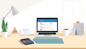 Een opgeruimd bureau met een open laptop voor Meesman Pensioenrekening.